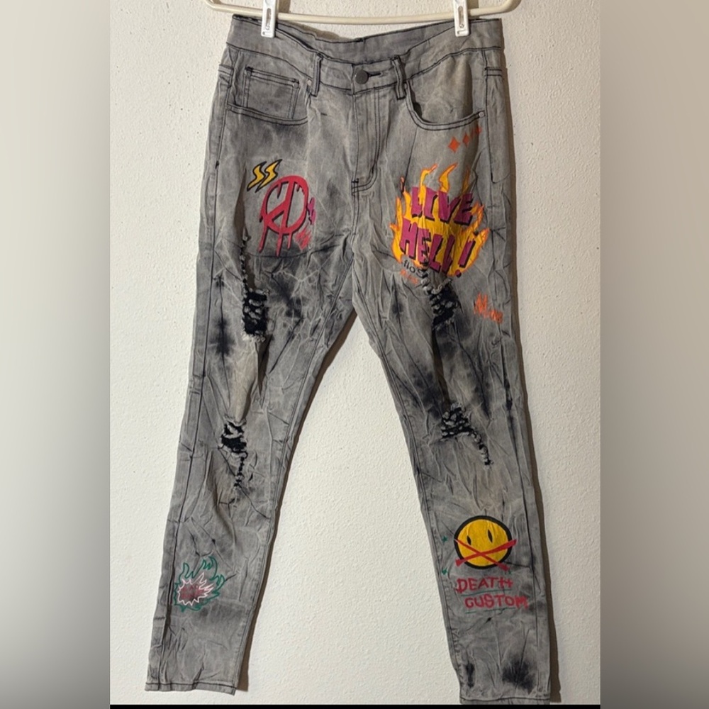 Men's Skinny Jeans Casual Slim-fit Straight Printed Denim Pants 32